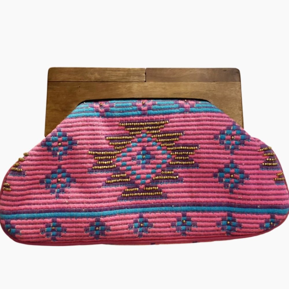 Beaded Clutch With Wooden Handle - Pink and Blue